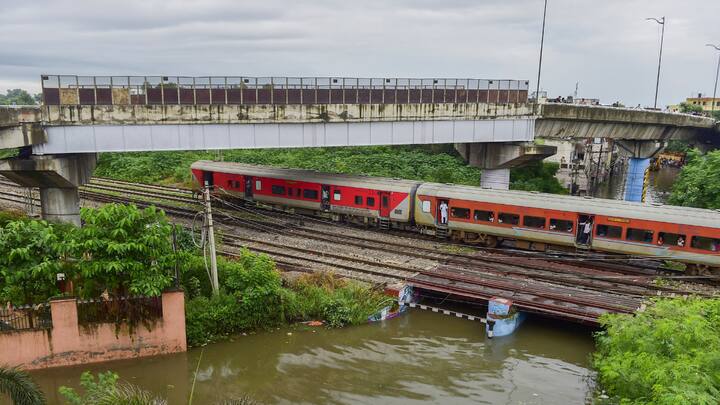 Train passes above a flooded underpass after heavy rainfall, in Jalandhar, Punjab. (Image Source: PTI Images)