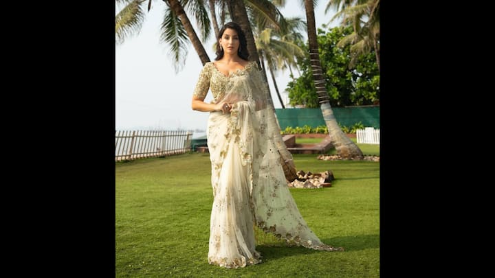 8. Nora Fatehi: Nora Fatehi brought unmatched glamour, wearing this breathtaking saree. The sheer saree, adorned with intricate floral embroidery and delicate shimmer details, perfectly highlighted her graceful style. She paired it with a plunging embellished blouse that added just the right touch of drama. Her saree effortlessly blended boldness with timeless elegance. (Image Source: Instagram/@norafatehi)