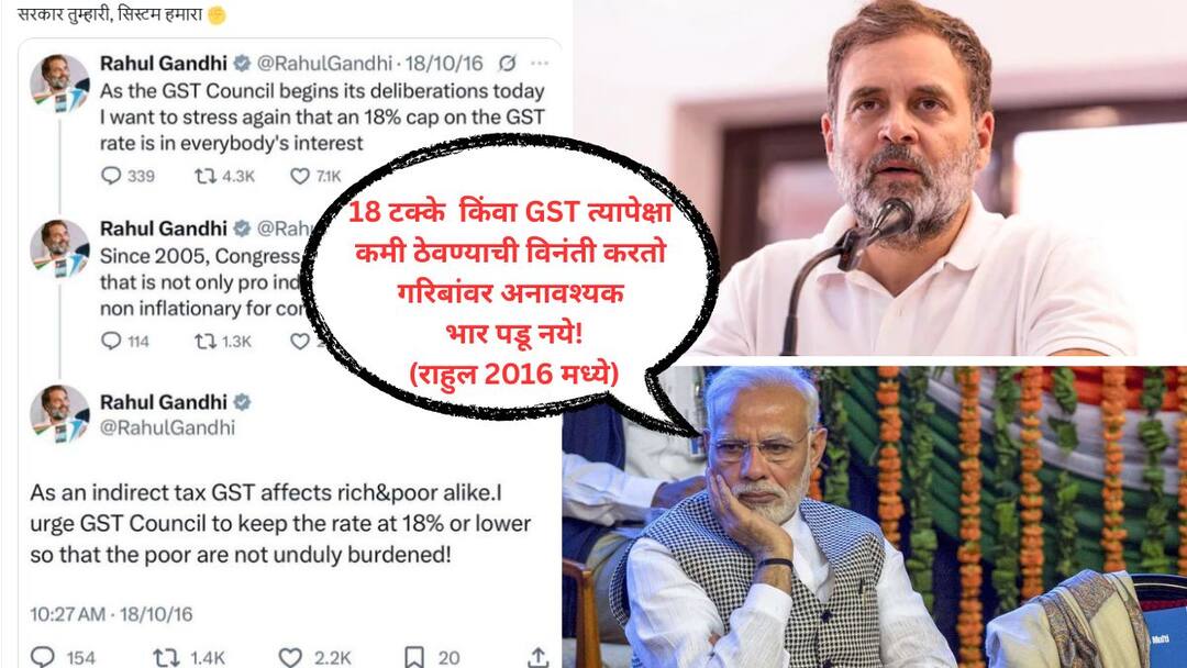 Modi government has reduced it now but Rahul Gandhi had said eight years ago that 18 percent GST limit is in everyone interest that tweet and video went viral Rahul Gandhi On GST: मोदी सरकारने आता कमी केला, पण राहुल गांधी आठ वर्षांपूर्वीच म्हणाले होते, 18 टक्के GST मर्यादा सर्वांच्या हिताची, ते ट्विट आणि व्हिडिओ व्हायरल