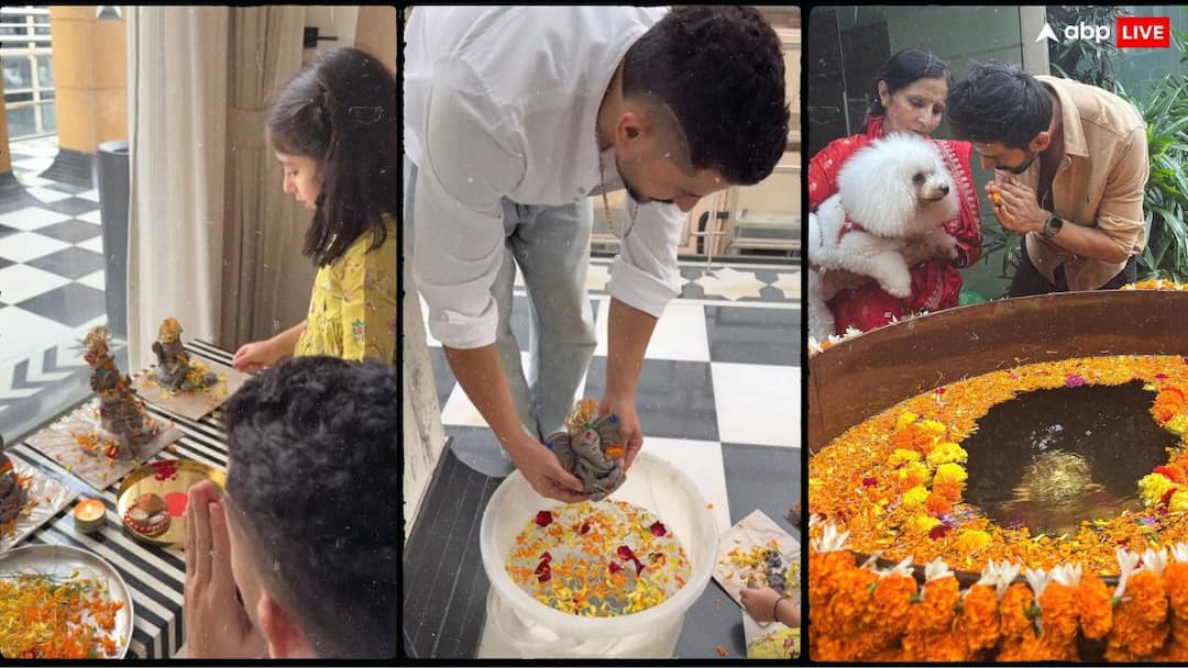 Kartik Aaryan performed Ganpati immersion at home Soha Ali Khan Kunal bid farewell to Bappa with their daughter कार्तिक आर्यन ने धूमधाम से किया गणपति विसर्जन, सोहा-कुणाल ने बेटी संग दी बप्पा को विदाई