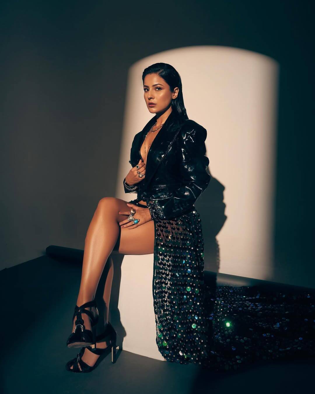 In this picture, Shahnaz Black color outfits are seen. His western look with accessories and high heels is giving quite a rich vibe.