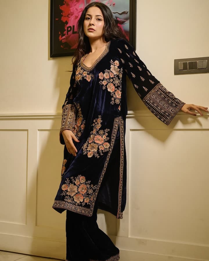 In this picture, Shahnaz is seen in a dark blue velvet suit on which flowers have been embroidered. She completed the look with open hair, natural makeup.
