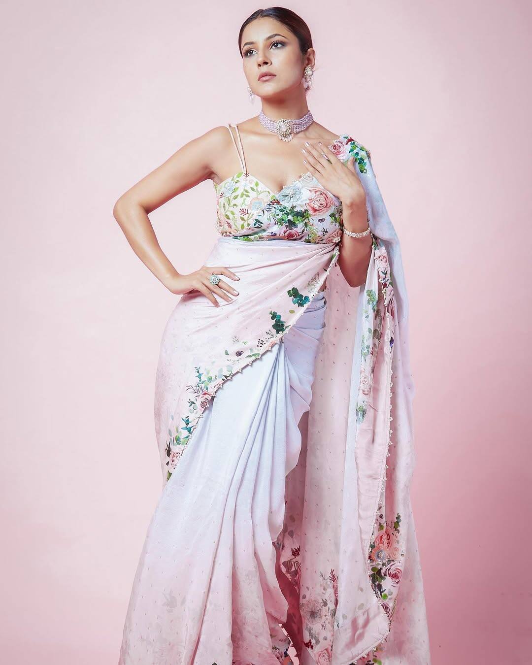 In this white sari, Shahnaz is looking very beautiful, by making sleeveless blouse, bran and juda, he made this look even more elegant.