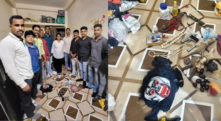 घरात जादूटोण्याच्या साहित्याचा खच पडला असून आरोपीच्या घरात जनावरांची दोन हाडे, कासवाचे वरचे अवरण असलेले हाड,  काळ्या रंगाचे कापडी भुताचे मास्क, चामडी हंटर, रसायनाच्या बाटल्या, कवड्याच्या माळा, सिल्व्हर रंगाच्या धातूचे 74 नाणे, गोल्ड रंगाचे 79 नाणे, दोन इंजेक्शन सिरींज, सापडले आहे.