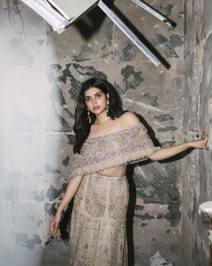 कल्याणी का ये लुक बहुत ही ग्लैमरस और रॉयल है. उन्होंने सिल्वर-गोल्डन टोन वाला हैवी एम्ब्रॉयडर्ड ऑफ-शोल्डर लहंगा सेट पहना है. स्टेटमेंट ईयररिंग्स और खुले बाल इस पूरे आउटफिट को और भी शाइनी और पार्टी-रेडी बना रहे हैं.