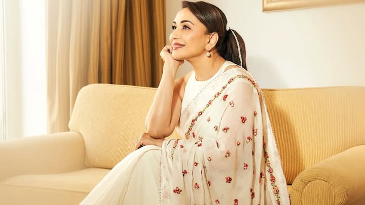 9 Days, 9 Colours Of Navratri: Madhuri Dixit Inspired Saree To Elevate Your Look Day 1 – White: Madhuri’s elegant saree with delicate rose detailing is the perfect way to start Navratri on a graceful note. The flowing drape blends sophistication and tradition, making it a timeless festive choice. (Image Source: Instagram/ madhuridixitnene)