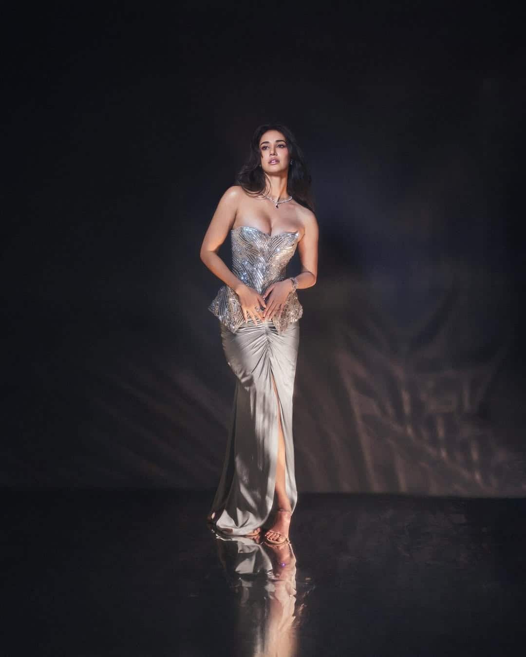 In this picture, Disha is seen in Deep Neck Silver Gown, her look with nude makeup and simple accessories is giving quite a rich vibe.