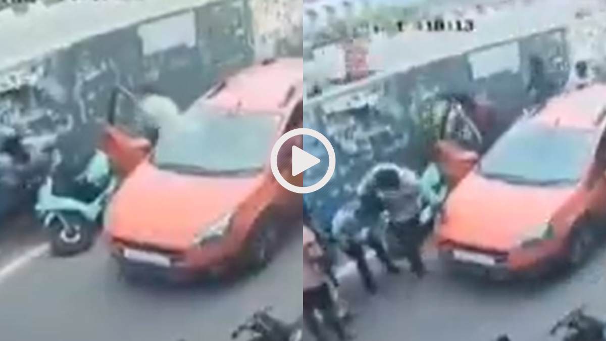Video: सड़क किनारे खड़ी कार का अचानक गेट खुला, टकराकर गिरा स्कूटी चालक
