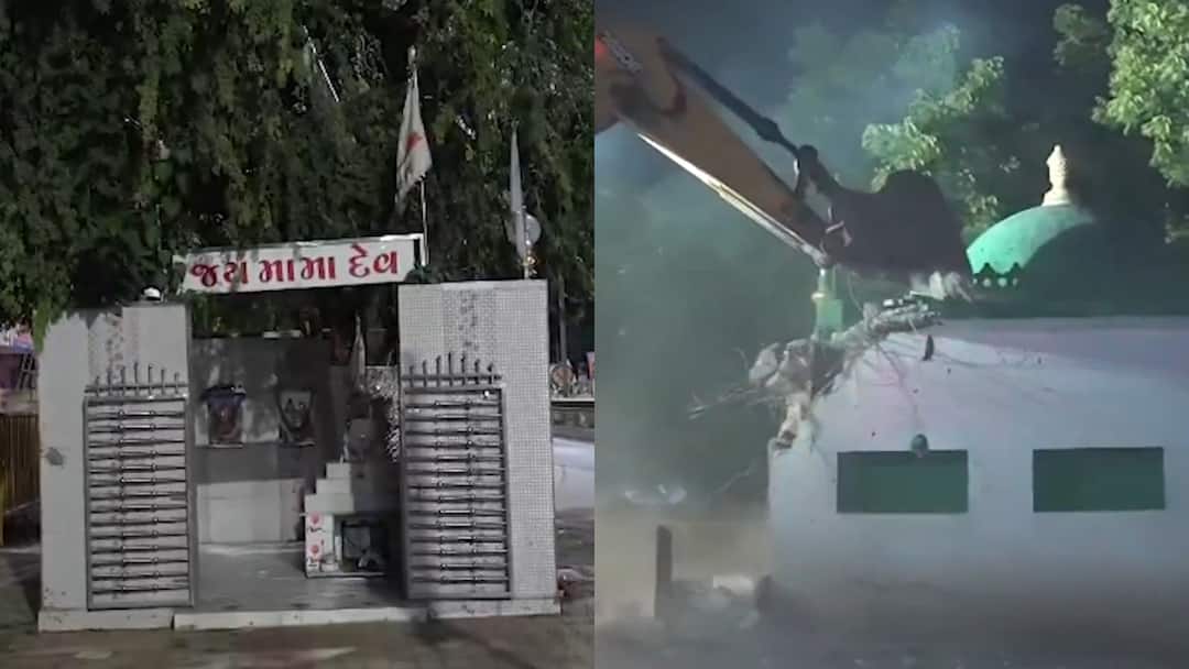 Junagarh Demolition Drive on Dargah Structure on Veraval Porbandar National Highway  जूनागढ़ में हाईवे पर बने मंदिर और दरगाह पर देर रात चला बुलडोजर, भारी पुलिस बल रहा तैनात