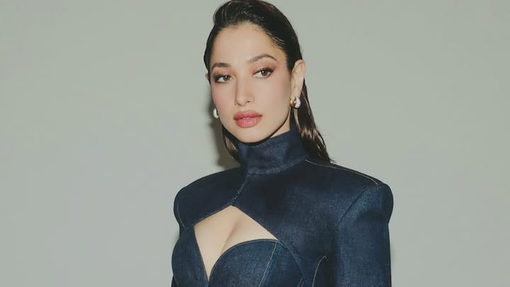 Tamannaah Bhatia stunned in a long denim gown featuring corset-style detailing, enhancing her curves with elegance.