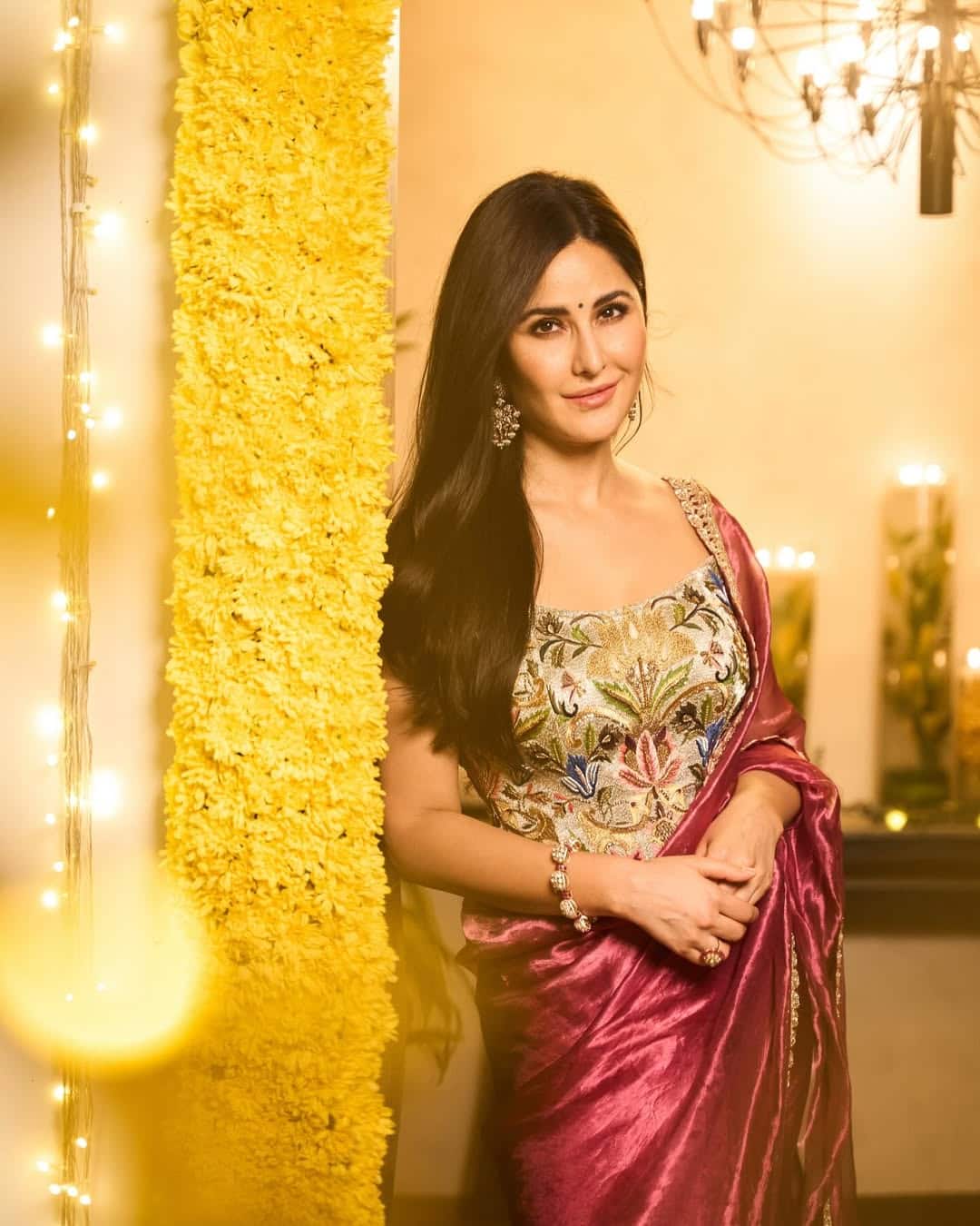 Katrina Kaif looks very cute in a saree. Katrina has carried a heavy blouse with this plane saree.