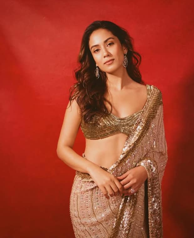 In this picture, Meera Golden Color Saree is seen, she has carried heavy work deep neck blouse, as well as she is looking beautiful with nude makeup.