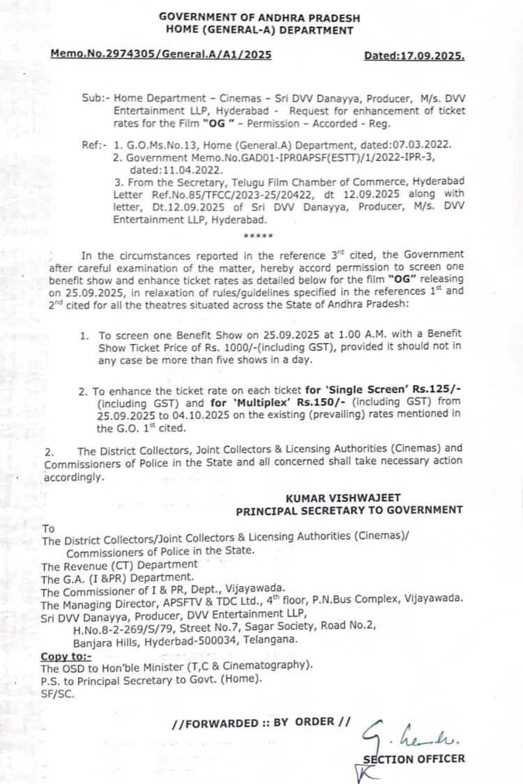 OG Ticket Price Hike: ఏపీలో 'ఓజీ' టికెట్ రేట్లు పెరిగాయ్... బెనిఫిట్ షోలు కూడా - ఎన్ని రోజులు, ఎంత పెంచారంటే?