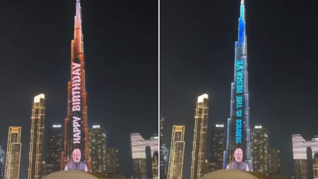 PM Modi Birthday Dubai Burj Khalifa Lights Up With Happy Birthday Message WATCH Video Dubai's Burj Khalifa Lights Up With 'Happy Birthday' Message For PM Modi: WATCH