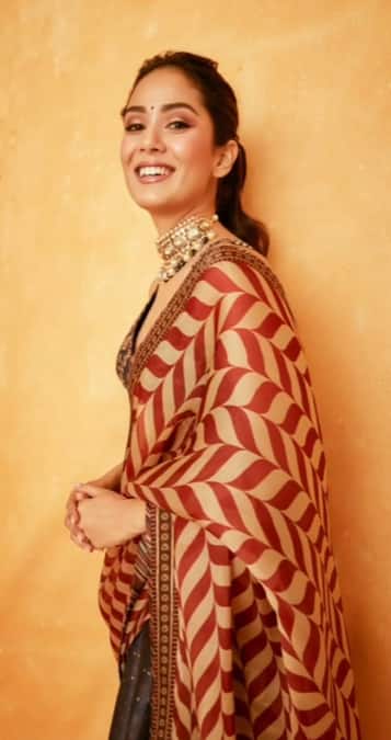 In this picture, Meera Rajput looks very attractive smiling in traditional saris and heavy jewelery.