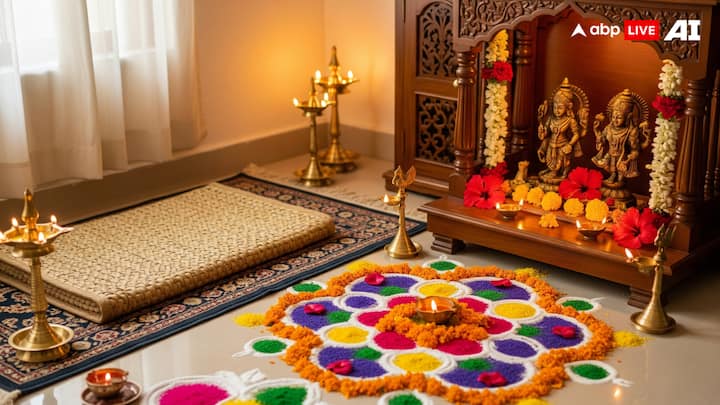 Floor Covering and Rangoli: The floor around the mandir can be decorated with a simple mat or rug in order to make sitting more comfortable. When it comes to celebrating special occasions, you can create a small rangoli with different colours or flower petals near the mandir to bring a festive vibe. This makes the pooja corner look welcoming and joyful.  (Image Source: ABP LIVE AI)