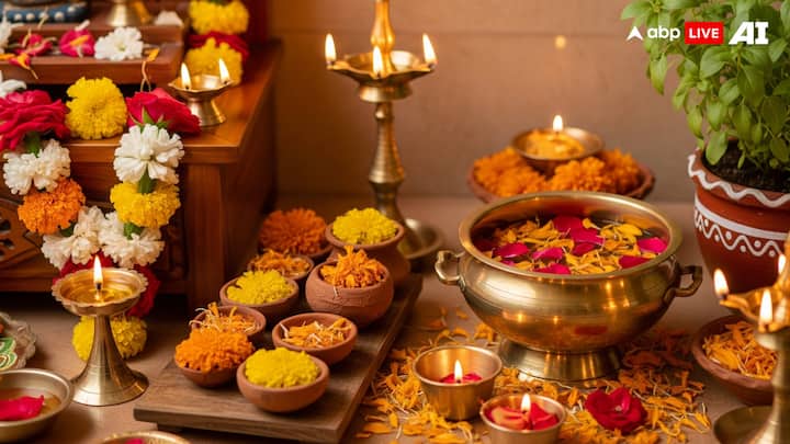 Flowers and Natural Touch: You can keep them in small brass or clay bowls or make simple garlands out of them to dedicate to the idols. A small urli bowl with water and floating petals looks fresh as well as colourful. Tulsi leaves are also commonly used in prayers, so if you have space, you can keep a tulsi plant nearby. (Image Source: ABP LIVE AI)