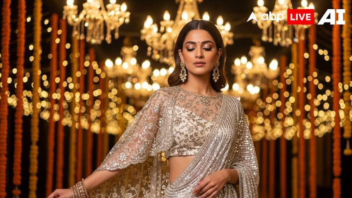 2. Cape-Style Blouse For Contemporary Glam: Cape-style blouses are a modern twist on saree fashion, blending sophistication with dramatic flair. This design features a sheer or embroidered cape that beautifully drapes over the shoulders. It creates a layered and regal effect. Pair it with a sequined or solid saree to highlight the cape detailing, ensuring all eyes are on you. Cape-style blouses are perfect for anyone looking to blend tradition with trendsetting sophistication. (Image Source: ABPLIVE AI)