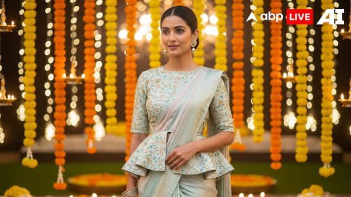 7. Peplum Blouse For A Structured Festive Look: Peplum blouses are a fusion of traditional and contemporary styles. This design gives a structured silhouette that enhances the waistline. A peplum blouse design is both chic and comfortable. It can be styled in solid tones with subtle embroidery or kept bold with sequins and metallic shades. This blouse design is a refreshing choice for women looking to experiment with modern cuts while retaining traditional elegance. (Image Source: ABPLIVE AI)