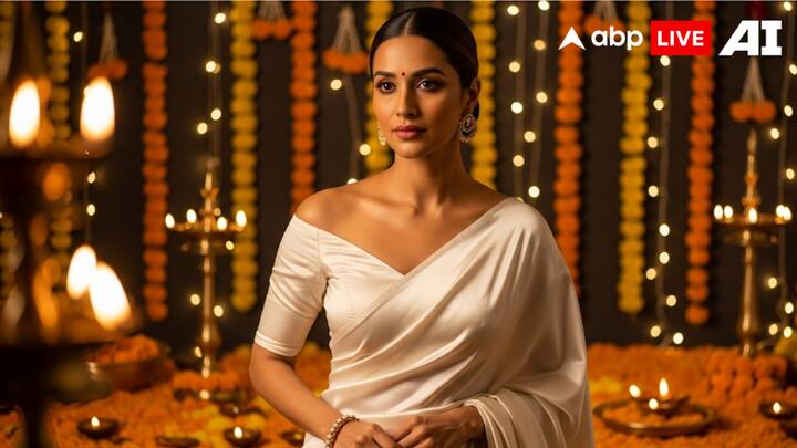 8. Off-Shoulder Blouse For Glamorous Appeal: An off-shoulder blouse is a bold and stylish choice for festive saree styling, perfect for making a strong fashion statement. It highlights the shoulders and collarbones, giving the outfit a glamorous finish. This blouse design pairs beautifully with satin, chiffon, or sequined sarees, making it an ideal choice for evening celebrations. Embroidered or embellished borders on the off-shoulder cut enhance the blouse’s elegance and make it festive-ready. The off-shoulder blouse is not only eye-catching but also versatile, making it a go-to festive option for weddings, Diwali parties, or cocktail functions. (Image Source: ABPLIVE AI)