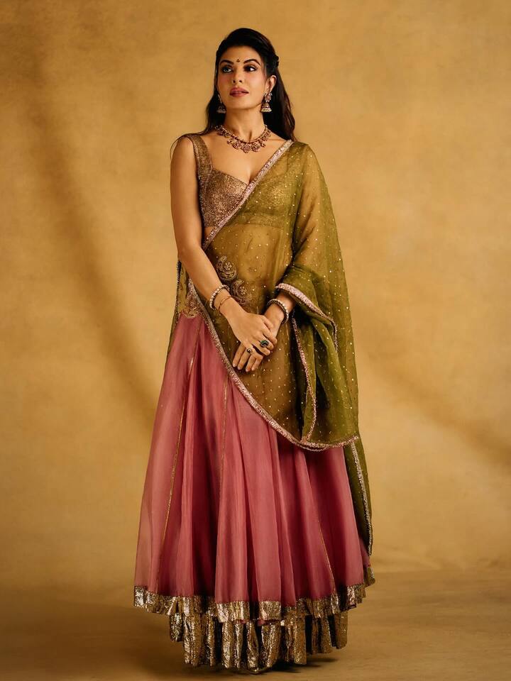 In this picture, Jacqueline is wearing a traditional lehenga choli. The combination of green scarf, pink lehenga and golden blouse is giving them a royal look. Jewelery, earrings and bindi are making their style even more traditional and elegant. The whole look is very beautiful and full of festive vibes.