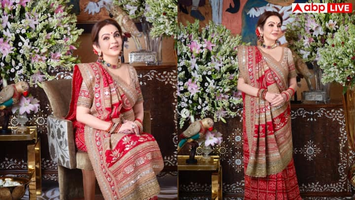 घरचोला साड़ी में नीता का लुक सबसे ज्यादा ट्रेडिशनल और खूबसूरत रहा. शादी या पूजा जैसे मौकों पर ऐसी साड़ी हर महिला को सेंटर ऑफ अट्रैक्शन बना देती है.