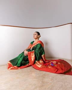 नवरात्रि के पांचवें दिन विद्या बालन ने पहनी हरे-नारंगी रंग की सिल्क साड़ी, देसी लुक से जीता फैंस का दिल