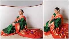 नवरात्रि के पांचवें दिन विद्या बालन ने पहनी हरे-नारंगी रंग की सिल्क साड़ी, देसी लुक से जीता फैंस का दिल