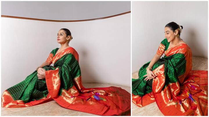 Vidya Balan Pics: विद्या बालन नवरात्रि में रोज एक नए रंग की साड़ी पहनकर ये त्योहार मना रही हैं. यह उनका पांचवां लुक है, जिसमें उन्होंने हरे और नारंगी रंग की रिच सिल्क साड़ी चुनी है.