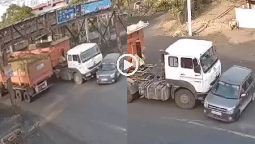 Watch car overtaking from wrong direction narrowly escaped hitting a trailer in Anpara Kakri Jhoolantrail of ​​Sonbhadra Uttar Pradesh Viral Video Video: फिल्मी सीन! ट्रेलर ने ओवरटेक कर रही WagonR को कई मीटर खदेड़ा, सोनभद्र का वीडियो वायरल