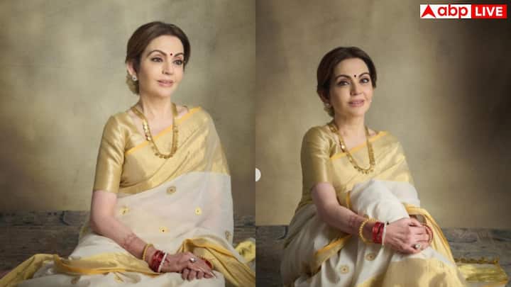 सफेद कसावु साड़ी पर गोल्डन बॉर्डर ने उनके ग्रेस को और बढ़ा दिया. यह ट्रेंड आजकल काफी पॉपुलर है और हर त्यौहार या शादी में पहना जा सकता है.