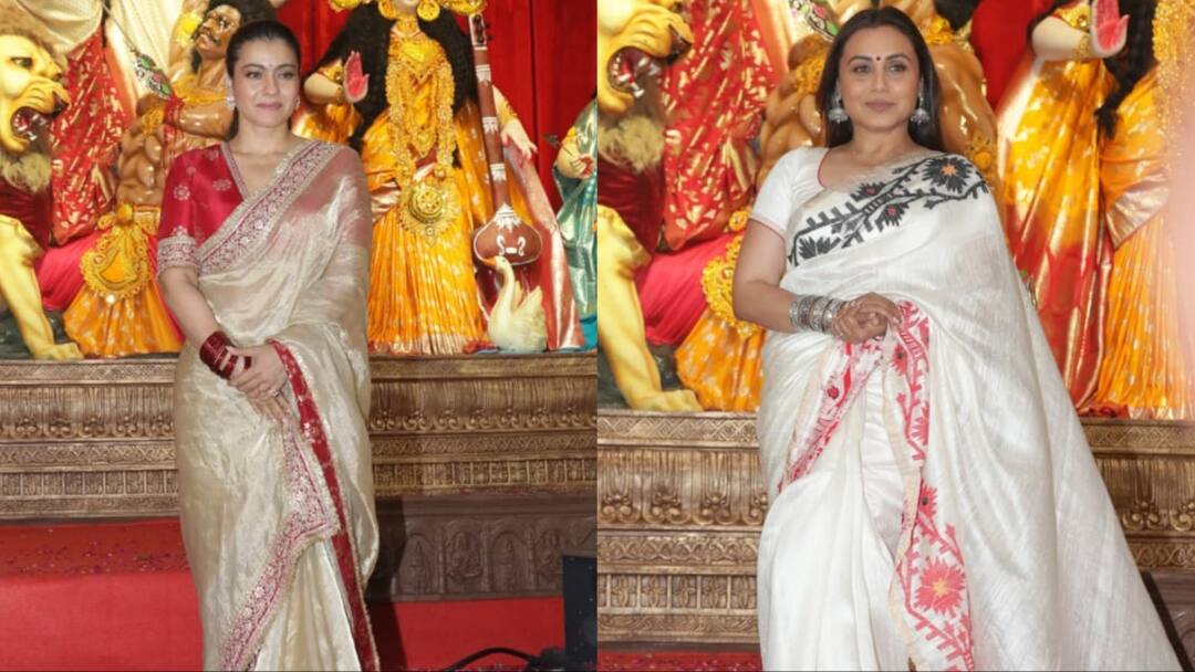 Durga Puja Ceremony: व्हाइट साड़ी में खूब जचीं रानी मुखर्जी, तो गोल्डन गर्ल बनीं काजोल, देखें बाकी स्टार्स का लुक