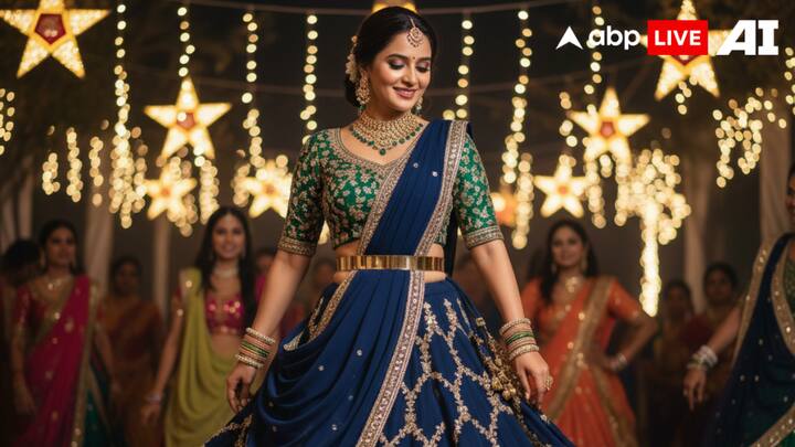 2. Front-Pleat With Belted Style: Belted dupatta draping has become a huge trend for festive outfits, and combining it with front pleats elevates the overall look. In this drape, the dupatta is pleated neatly in the front and secured with a stylish waist belt. It gives a fusion of contemporary and traditional aesthetics. It’s perfect for Sharad Navratri because it keeps the fabric in place during energetic Garba movements. The belted front-pleat style adds a touch of regal flair, giving women a structured and fashionable vibe. (Image Source: ABPLIVE AI)