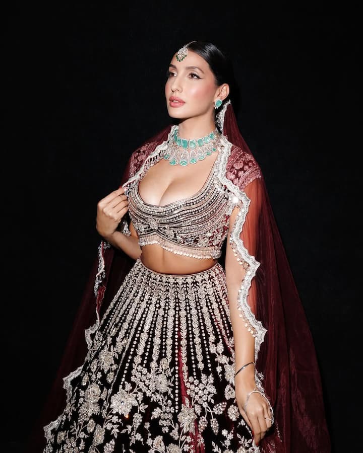 The actress shared the photos and wrote, 'Show stopping for Amazing Manish Malhotra in this magnificent lehenga! Can you believe that it took 2 months for this embroidery to be completed! The Russian diamond emerald was cherry on the cake! '