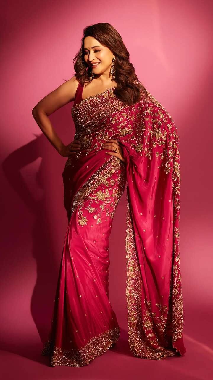 माधुरी दीक्षित की ये कढ़ाई वाली साड़ी भी आप पूजा में पहनकर खूबसूरत दिख सकती हैं. एक्ट्रेस की तरह आप भी अपने बाल कर्ल करके स्टाइल कर सकते हैं.