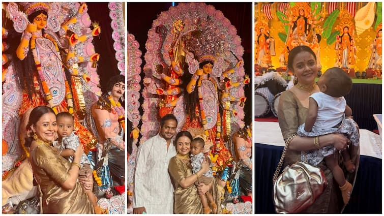 गोल्डन साड़ी में देवोलीना भट्टाचार्जी का ट्रेडिशनल लुक, बेटे और पति संग दुर्गा पूजा पंडाल में आईं नजर