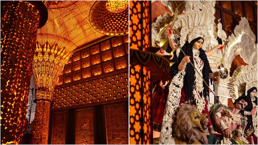 durga puja 2025 kolkata pandal mudiali club atmashuddhi clay terracotta idol daakir art Mudiali Club Pandal In Kolkata Embraces ‘Atmashuddhi’ Through Natural Art: WATCH