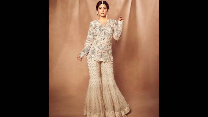 1. Embellished Sharara Set: Hina Khan stuns in a pastel embellished sharara set featuring intricate embroidery and a belted kurti-style top. The flared bottoms add a regal touch, making it an ideal pick for festive gatherings, wedding functions, or Diwali parties. Paired with statement earrings and a sleek hairdo, this look strikes the right balance between traditional charm and contemporary glam. (Image Source: Instagram/@realhinakhan)
