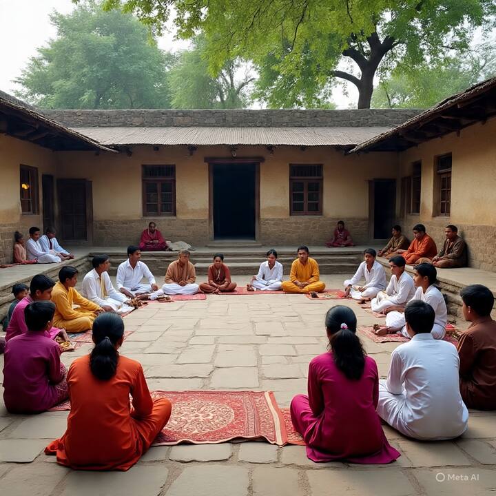 निसर्गाच्या सानिध्यात योग,ध्यान आणि सेवा करून त्यांचे चारित्र्य मजबूत केले जातं. पण  इंग्रजांच्या काळात इंग्रजी शिक्षणामुळे ही परंपरा कमी झाली.