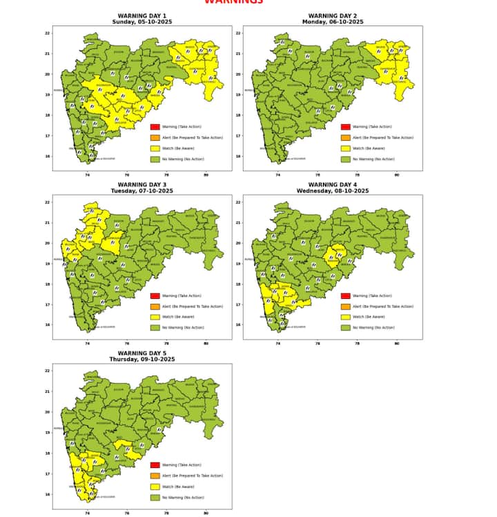 5 ऑक्टोबर रोजी पालघर ठाणे, नाशिक धुळे नंदुरबार व छत्रपती संभाजीनगर जिल्ह्याला पावसाचा येलो अलर्ट आहे. तर मराठवाड्यात बहुतांश ठिकाणी हलक्या पावसाची शक्यता वर्तवण्यात आली आहे.