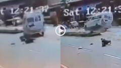 Video: सड़क पार कर रही बुजुर्ग को बचाते हुए पलटा टेंपो ट्रैवलर, दूसरी ओर जाकर गिरा, वीडियो वायरल