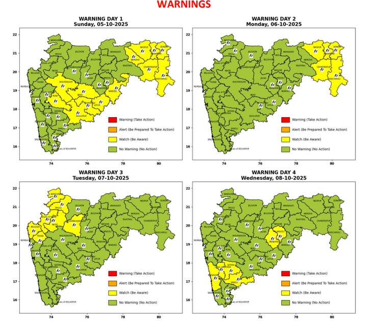 8 ऑक्टोबर रोजी परभणी हिंगोली तसेच रत्नागिरी सातारा सांगली जिल्ह्याला पावसाचा येलो अलर्ट देण्यात आलाय. मध्य महाराष्ट्र व मराठवाड्यात हलक्या पावसाची शक्यता आहे.