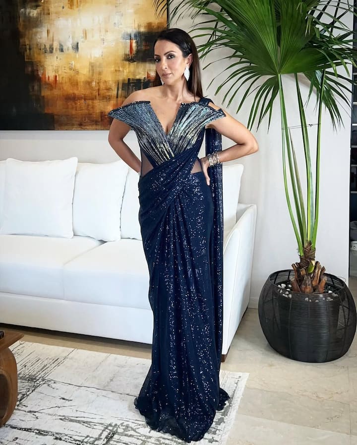 इस फोटो में सीमा ब्लू कलर की शिमरी साड़ी पहने दिखाई दे रही हैं. उन्होंने सटल मेकअप किया है और बालों को स्ट्रेट रखा है जिससे उनका ये लुक बेहद ही क्लासी और ग्लैमरस लग रहा है.