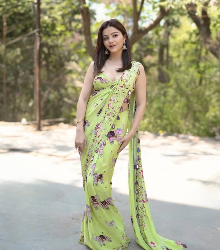 रुबीना दिलैक ने इस लुक में हल्के हरे रंग की साड़ी पहनी है जिस पर गुलाबी रंग के खूबसूरत हाथी का प्रिंट है. साड़ी के बॉर्डर पर मिरर का काम है, जो इसे त्योहार के लिए ट्रेडिशनल के साथ-साथ फैशनबल लुक दे रहा है. उन्होंने इसे स्लीवलेस ब्लाउज और बड़े झुमकों के साथ स्टाइल किया है, जो करवा चौथ के लिए एकदम परफेक्ट है.