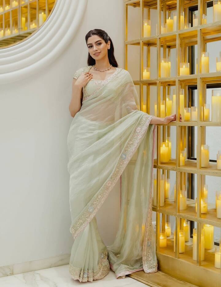 साड़ी के साथ खुशी ने मैचिंग ब्लाउज कैरी किया, जिसमें डीपनेक डिजाइन और सॉफ्ट पिंक डिटेलिंग हैं. ब्लाउज की ये हल्की पिंक एंब्रॉयडरी उनके पिस्ता ग्रीन साड़ी के साथ खूबसूरती से मैच खा रही थी और पूरे लुक में सॉफ्टनेस और फेमिनिन टच जोड़ रही हैं.