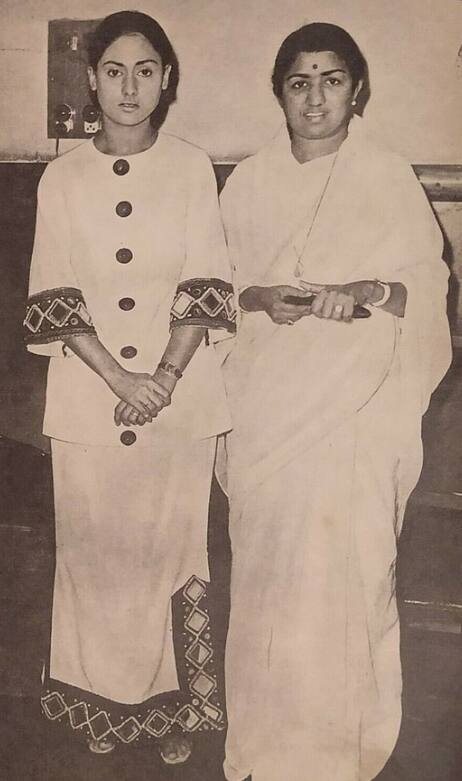 In this photo, Jaya is seen with Laga Mangeshkar. Jaya is wearing a skirt and kurta.