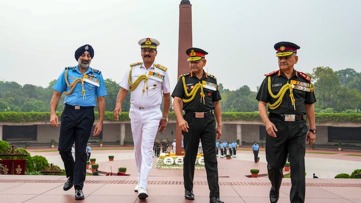 Chief of Defence Staff (CDS) General Anil Chauhan, Chief of the Army Staff (COAS) General Upendra Dwivedi, Chief of the Naval Staff (CNS) Admiral Dinesh K. Tripathi and Chief of the Air Staff (CAF) Air Chief Marshal A. P. Singh at the National War Memorial after paying tribute on the 93rd Indian Air Force Day, in New Delhi. (Image Source: PTI Images)