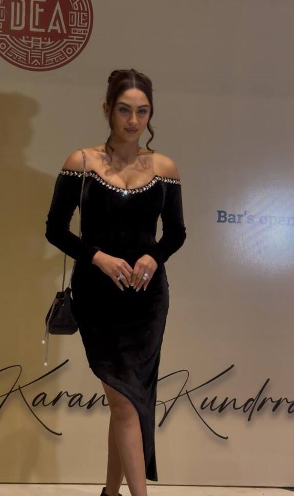 कऱण कुंद्रा के बर्थडे बैश में क्रिस्टल डिसूजा ऑफ शोल्डर ब्लैक ड्रेस पहने नजर आईं. इस आउटफिट में वो काफी स्टनिंग लगीं.