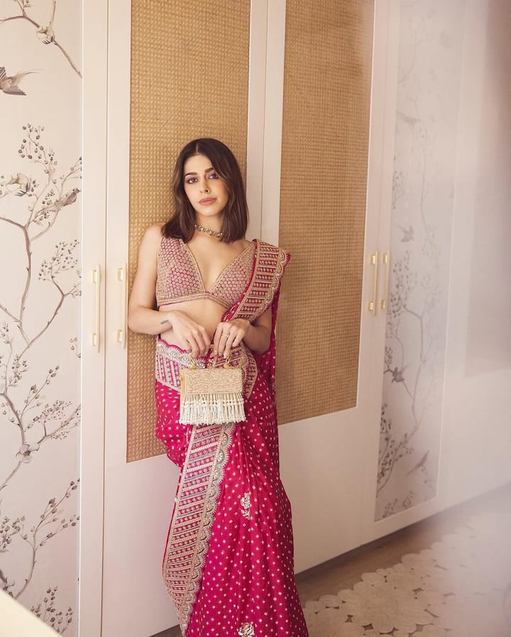 Alaya is looking absolutely amazing in this pink and golden combination saree. To give a modern touch to her look, she has worn a deep neck blouse and has kept her hair open with minimal makeup.