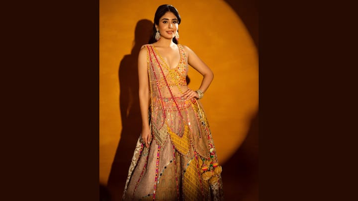 Golden Lehenga With Mirror Work: Kritika Kamra presents a vibrant and intricate festive fashion look in a richly embellished lehenga ensemble. The outfit features a colourful, deep-cut, sleeveless choli (blouse) with heavy sequin and embroidery work in shades of pink, yellow, and gold, paired with a patterned, earthy-toned lehenga skirt that incorporates varied patchwork, mirror work, and embroidery in multiple hues, including browns, yellows, and pinks. A sheer, heavily bordered dupatta is draped over one shoulder, complementing the rest of the outfit with its sparkling embellishments.  (Image Source: Special Arrangement)